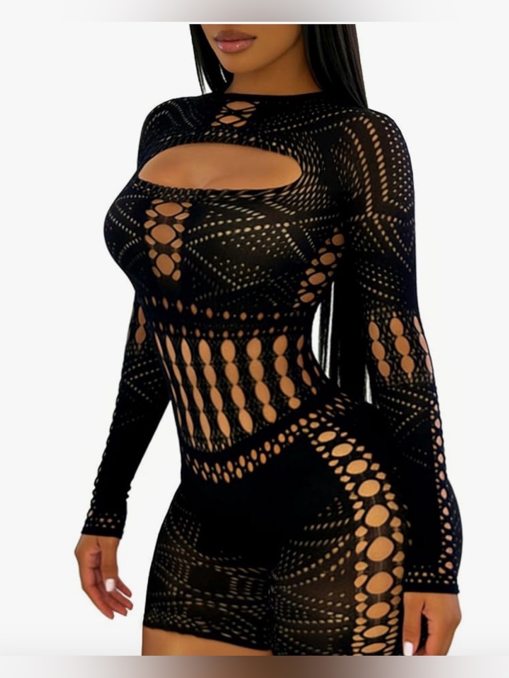 Black Cutout Fishnet Bodycon Romper one size